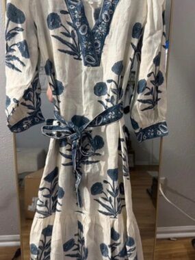 Maison Marigold Capri Maxi Dress XS Blue Floral 100% Linen Belted
